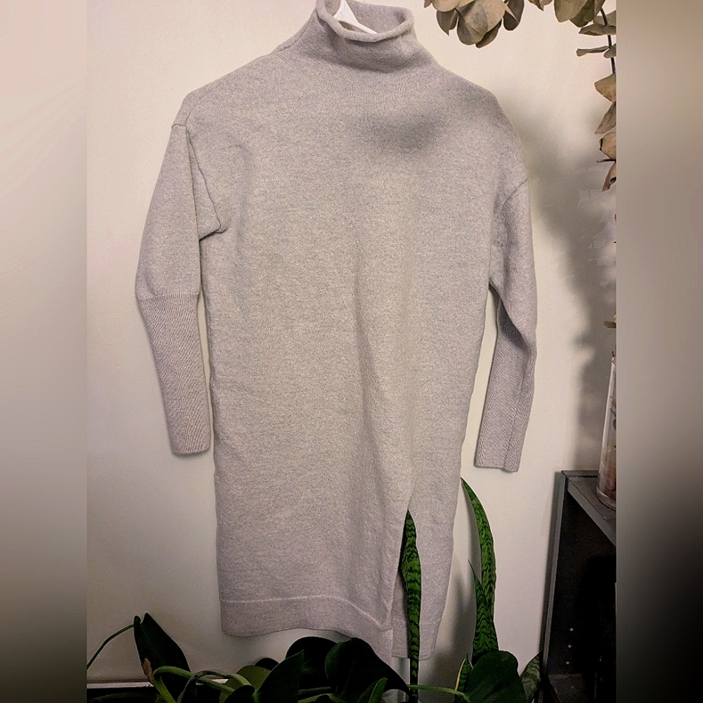 Merino wool sweater dress with 3/4 sleeves and thigh slit